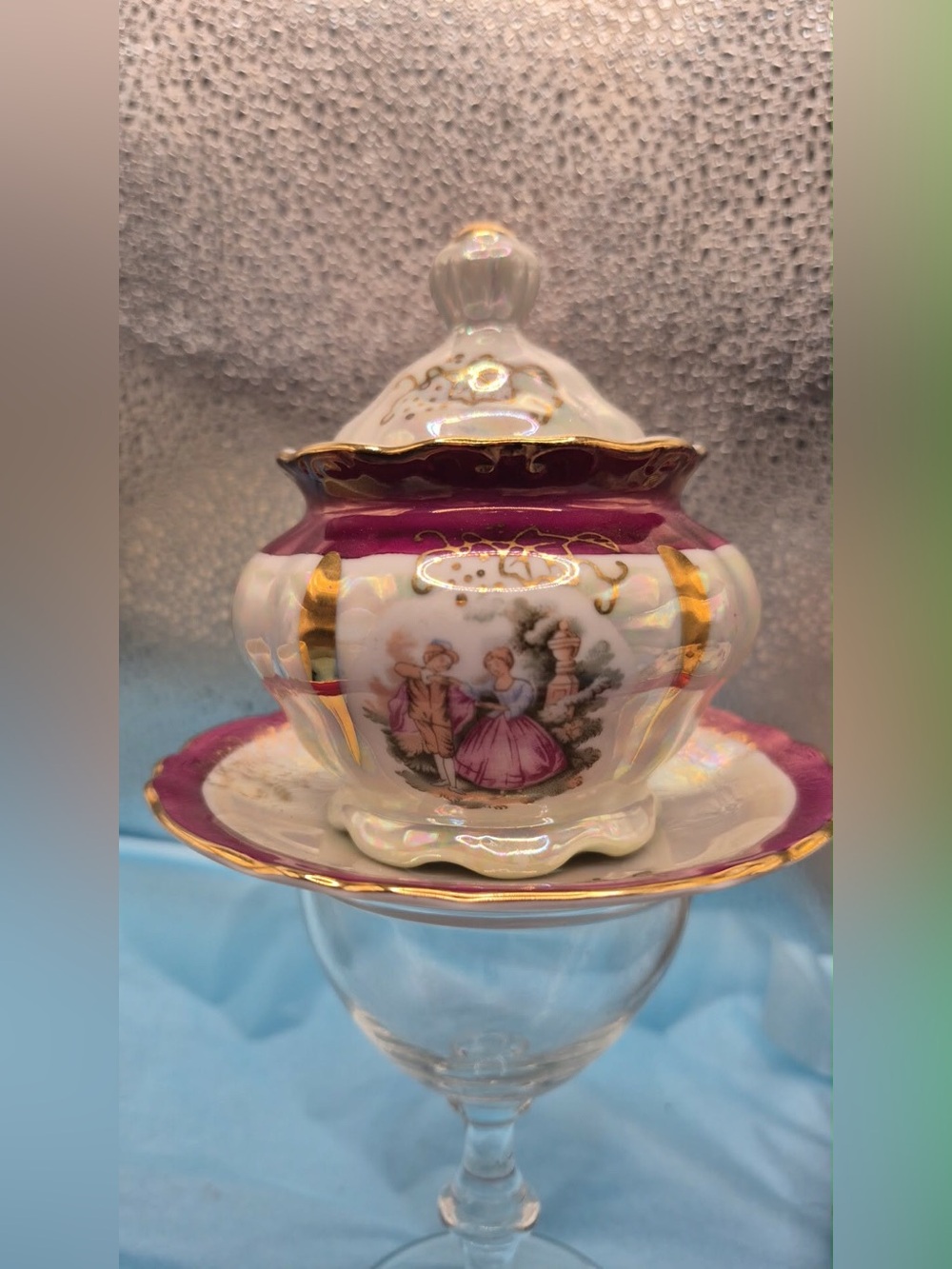 Vintage Lusterware Sugar Bowl Set with Victorian Romantic Courting Couple Scene